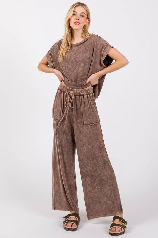 MINERAL WASHED TOP AND PANTS RIB SETS